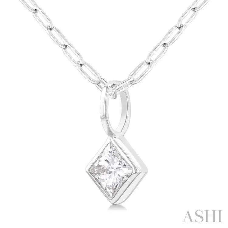 1/5 ctw Princees Cut Bezel Set Diamond Fashion Pendant With Paper Clip Chain in 14K White Gold