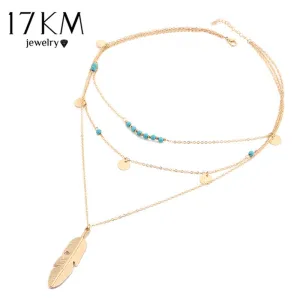 17KM Fashion Multi Layer Leaf Chain Necklaces Jewelry for Women Bohemian Blue Stone Choker Chain Jewellery Gargantilha