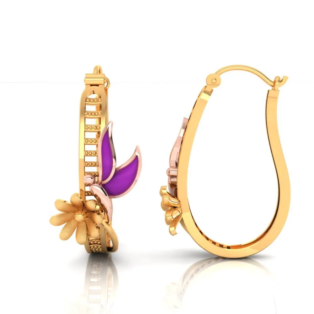 18k Elegant Gold Earrings With Butterfly On Top Of A Flower Design