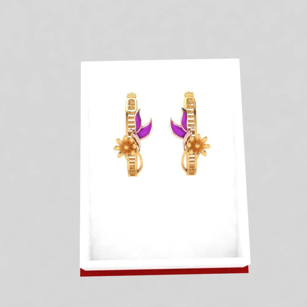 18k Elegant Gold Earrings With Butterfly On Top Of A Flower Design