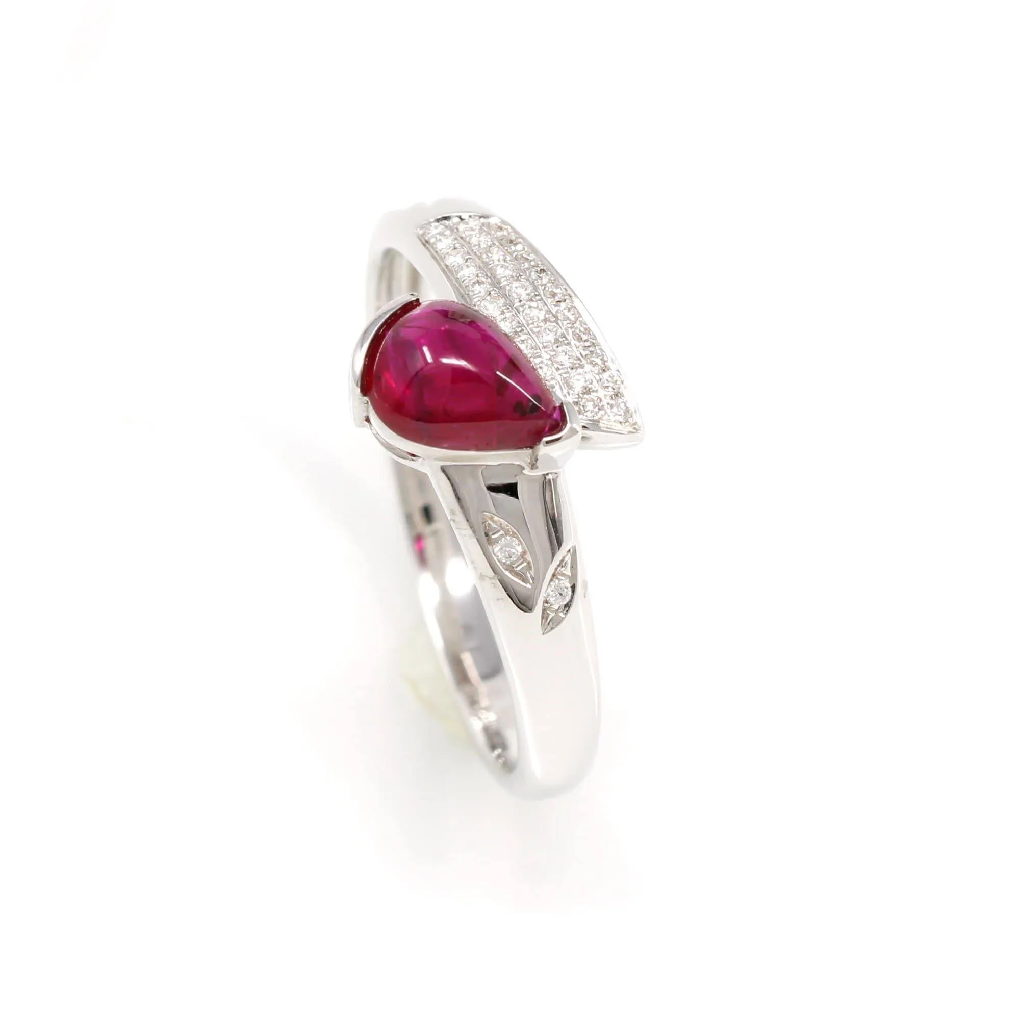 18k White Gold Natural Tear Drop Ruby Diamond Anniversary Ring #R14