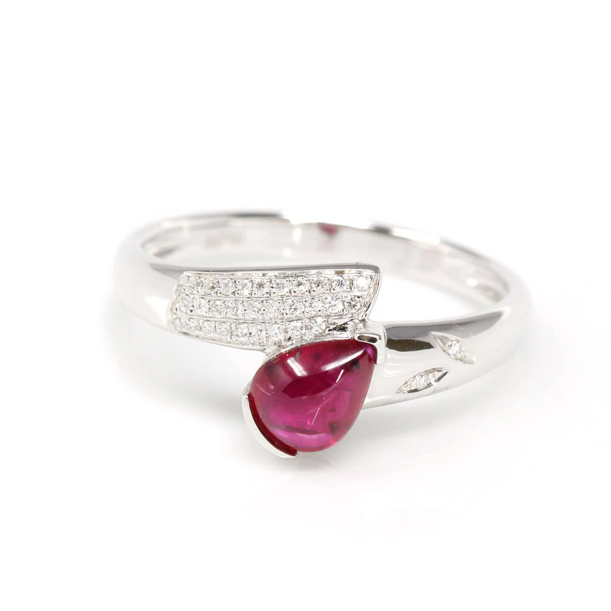 18k White Gold Natural Tear Drop Ruby Diamond Anniversary Ring #R14