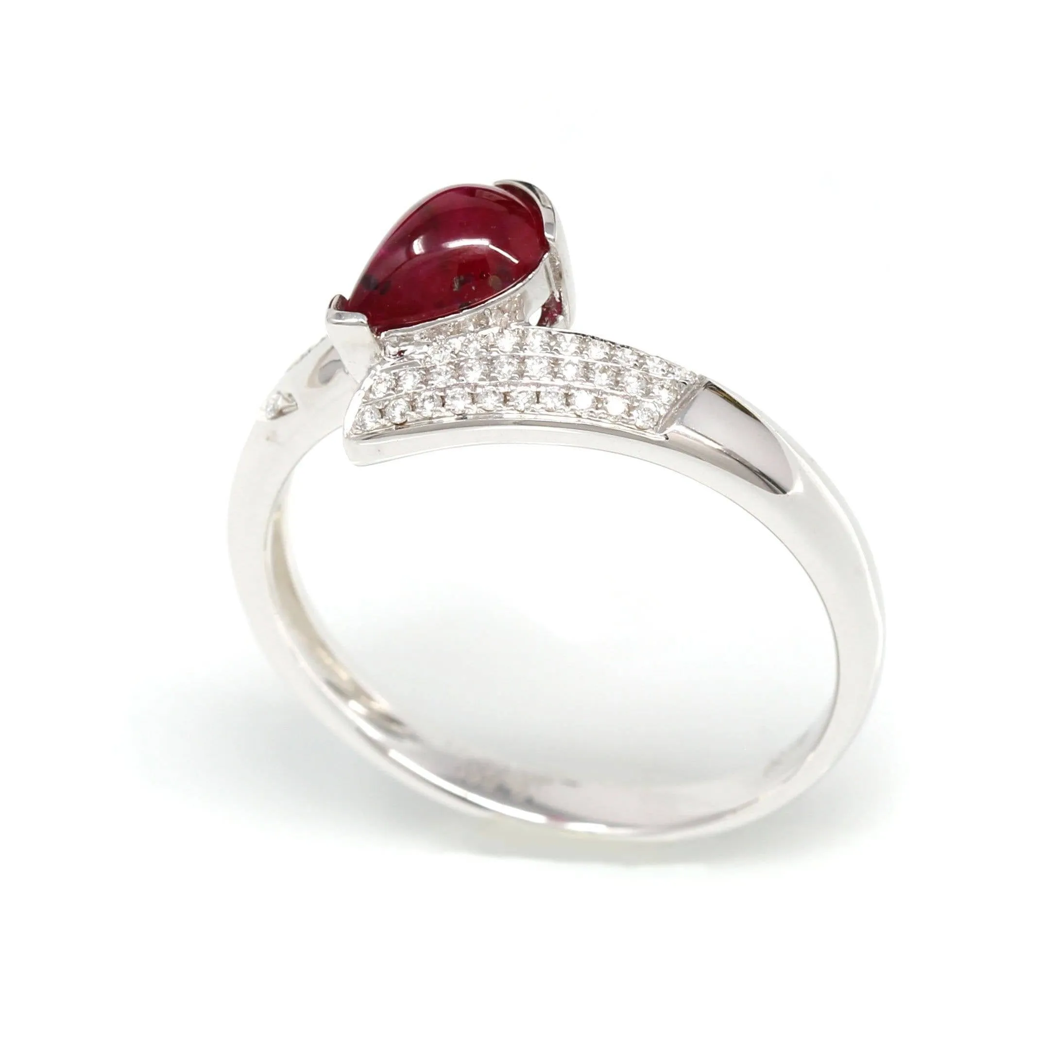 18k White Gold Natural Tear Drop Ruby Diamond Anniversary Ring #R14