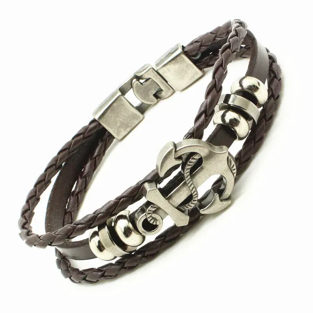 2016 Mens Trendy Leather Rope Handmade Double Layer Rudder Bracelet Men Punk Bracelet Bangles Jewelry Charme Pulseira