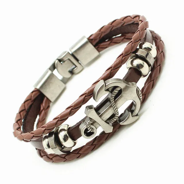 2016 Mens Trendy Leather Rope Handmade Double Layer Rudder Bracelet Men Punk Bracelet Bangles Jewelry Charme Pulseira