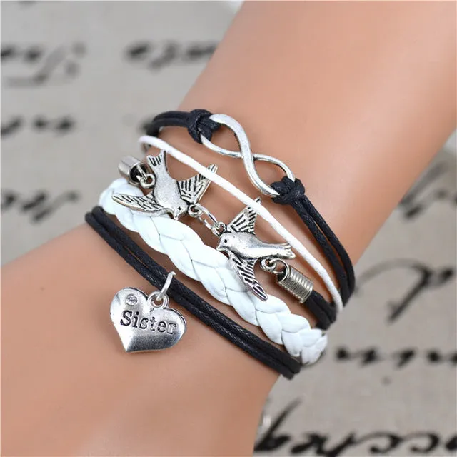 2017 New Fashion Infinity Love Birds Sister Charm Bracelet With Handwoven leather Bracelets for Women Man Valentine's Day Gift