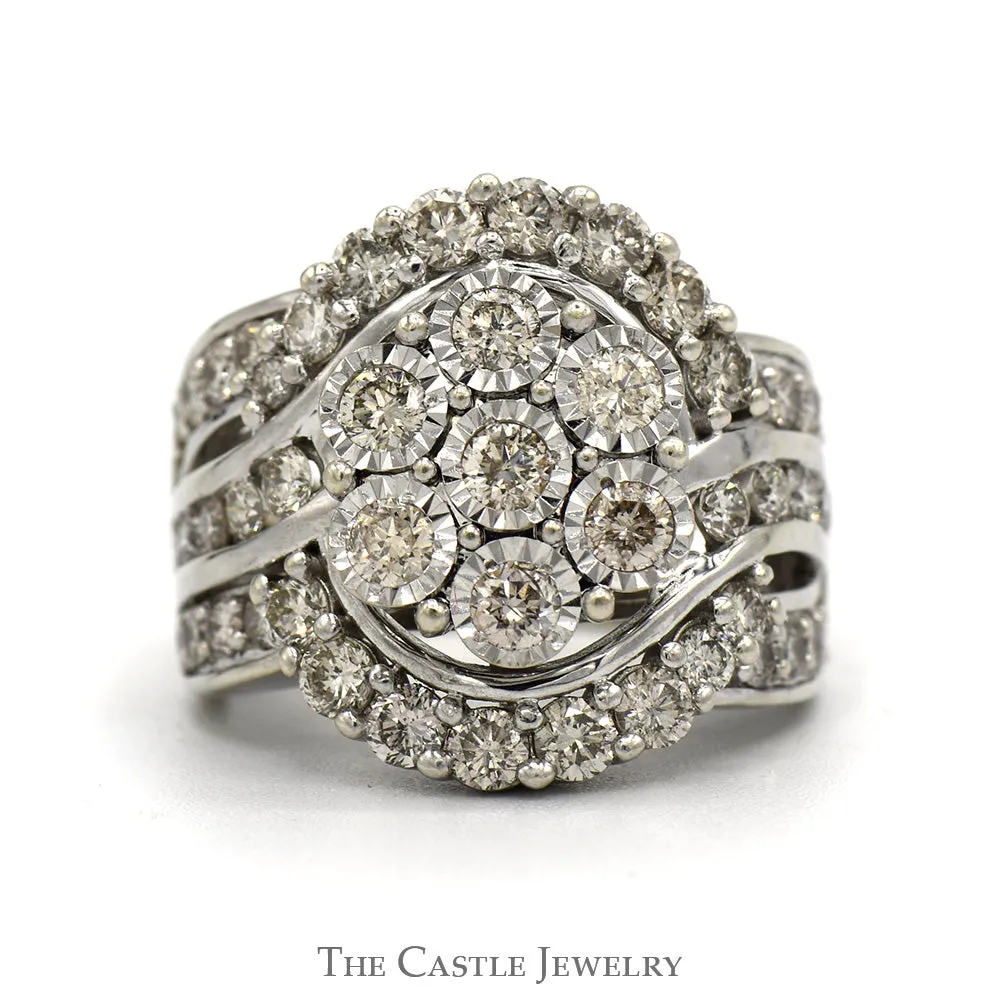 2cttw Illusion Set Diamond Cluster Engagement Ring with Swirled Accented Sides in 10k White Gold