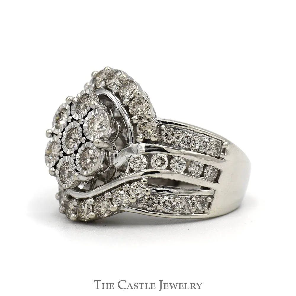 2cttw Illusion Set Diamond Cluster Engagement Ring with Swirled Accented Sides in 10k White Gold