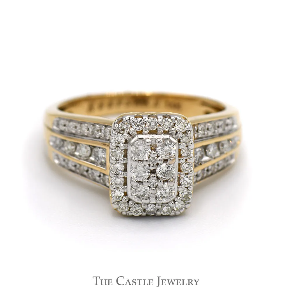 3/4cttw Rectangular Diamond Cluster Ring with Diamond Accented Sides in 14k Yellow Gold