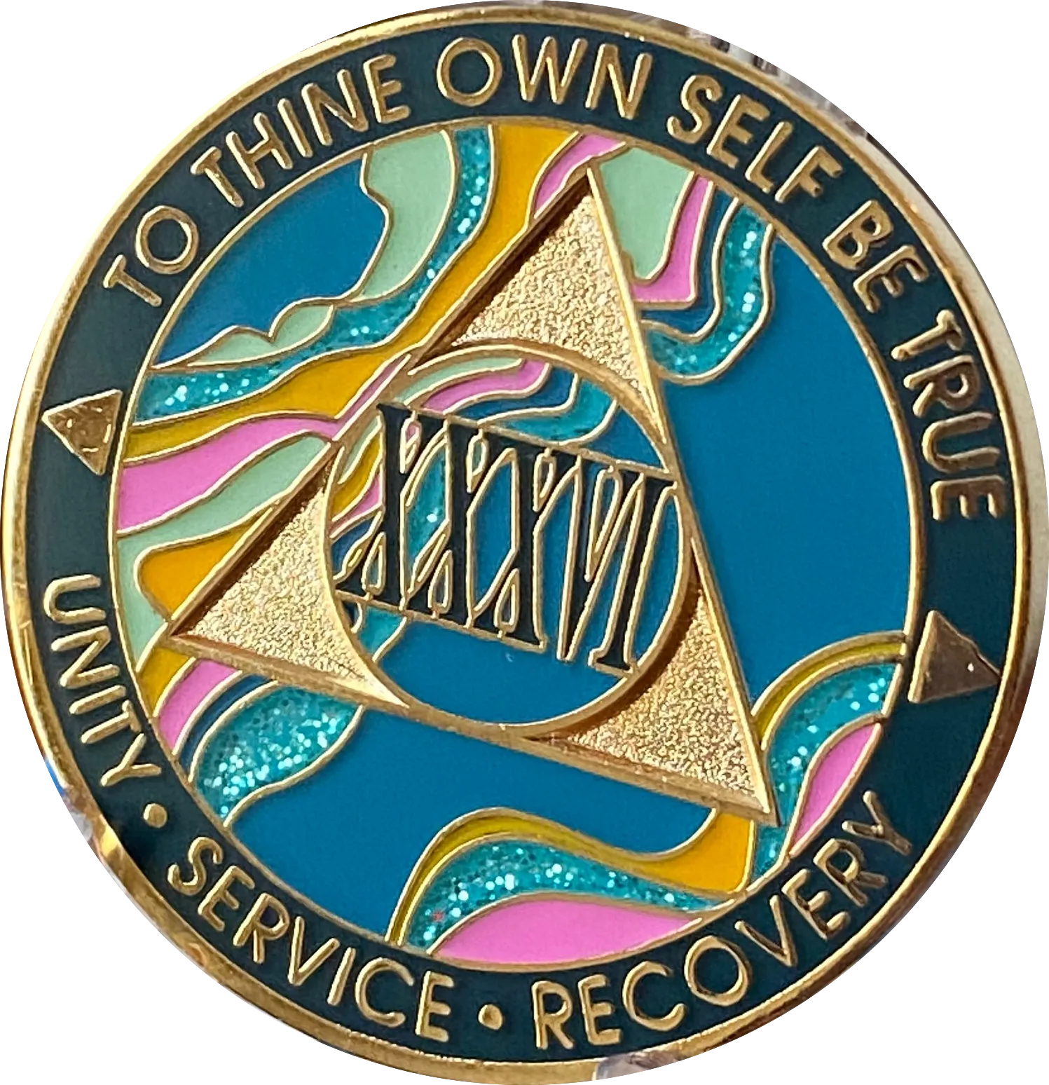 36 Year AA Medallion Elegant Tahiti Teal Blue and Pink Marble Gold Sobriety Chip