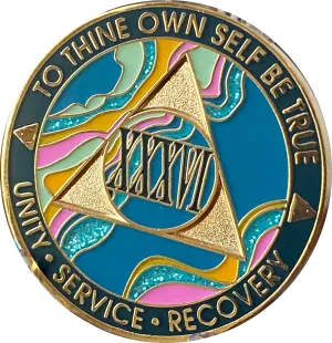 36 Year AA Medallion Elegant Tahiti Teal Blue and Pink Marble Gold Sobriety Chip