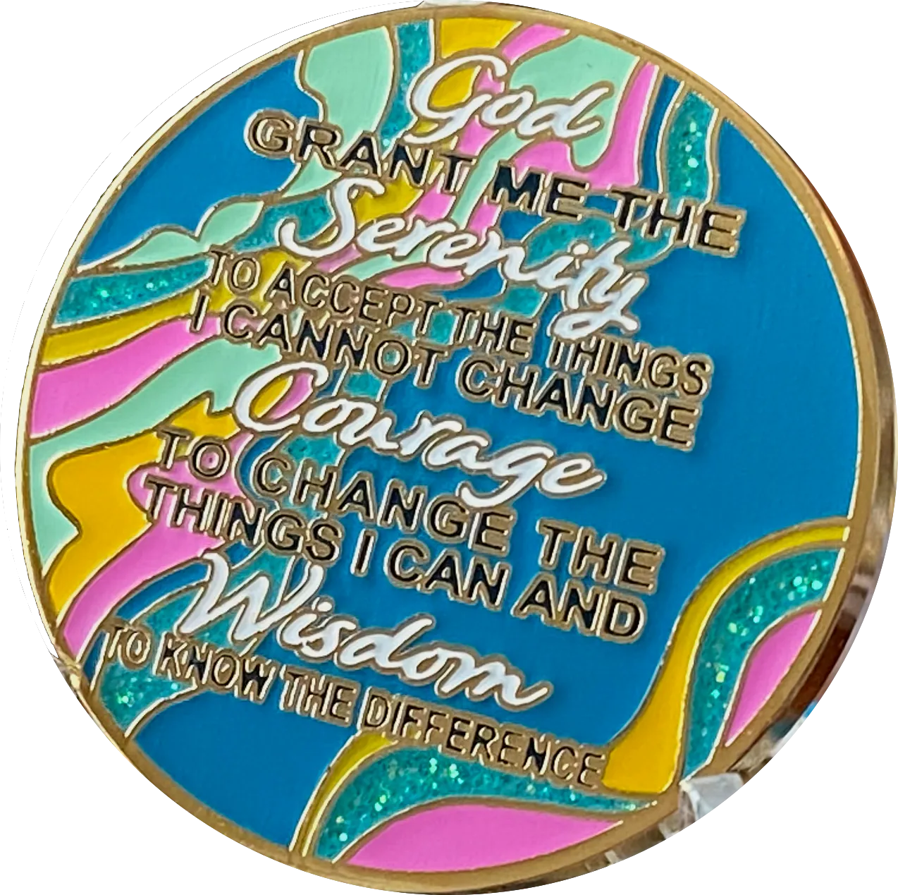 36 Year AA Medallion Elegant Tahiti Teal Blue and Pink Marble Gold Sobriety Chip