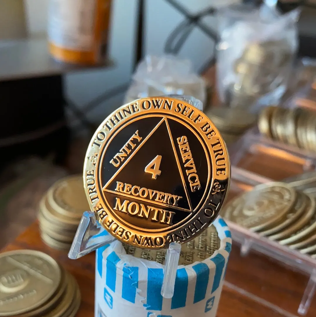 4 Month AA Medallion Reflex Black Gold Plated 120 Day Sobriety Chip