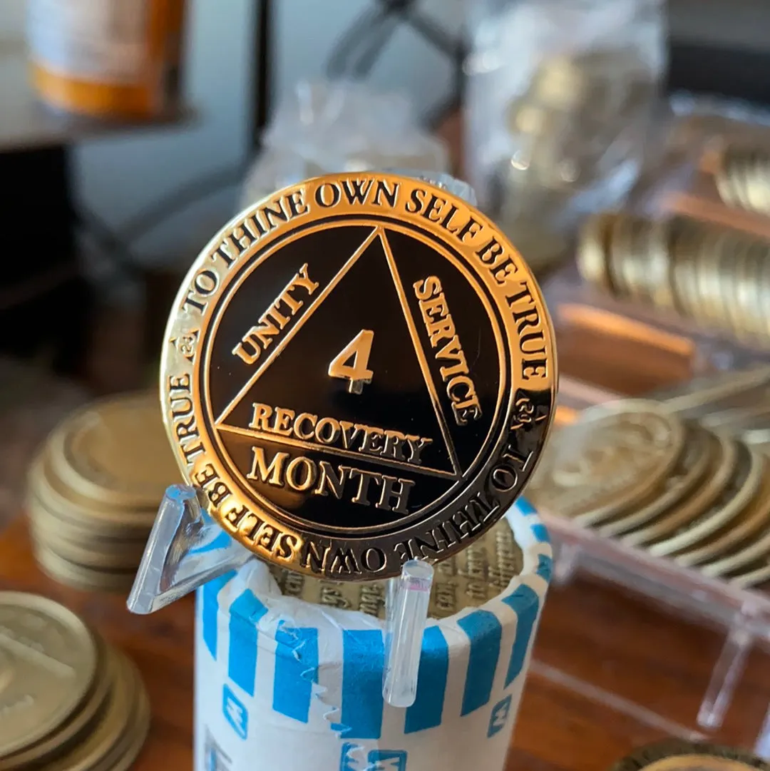 4 Month AA Medallion Reflex Black Gold Plated 120 Day Sobriety Chip