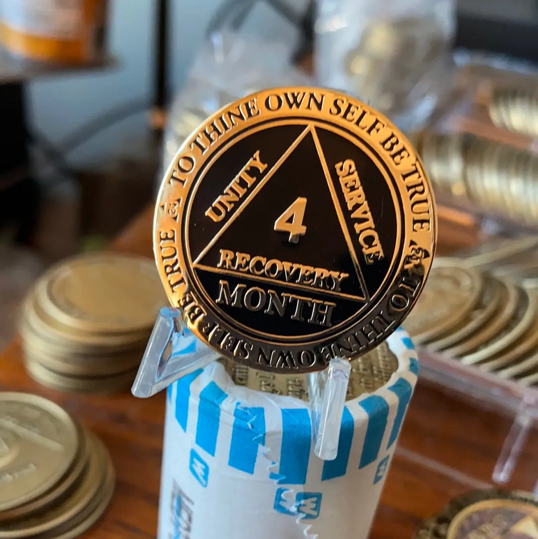 4 Month AA Medallion Reflex Black Gold Plated 120 Day Sobriety Chip