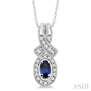 5x3 MM Oval Cut Sapphire and 1/50 Ctw Single Cut Diamond Pendant in Sterling Silver with Chain