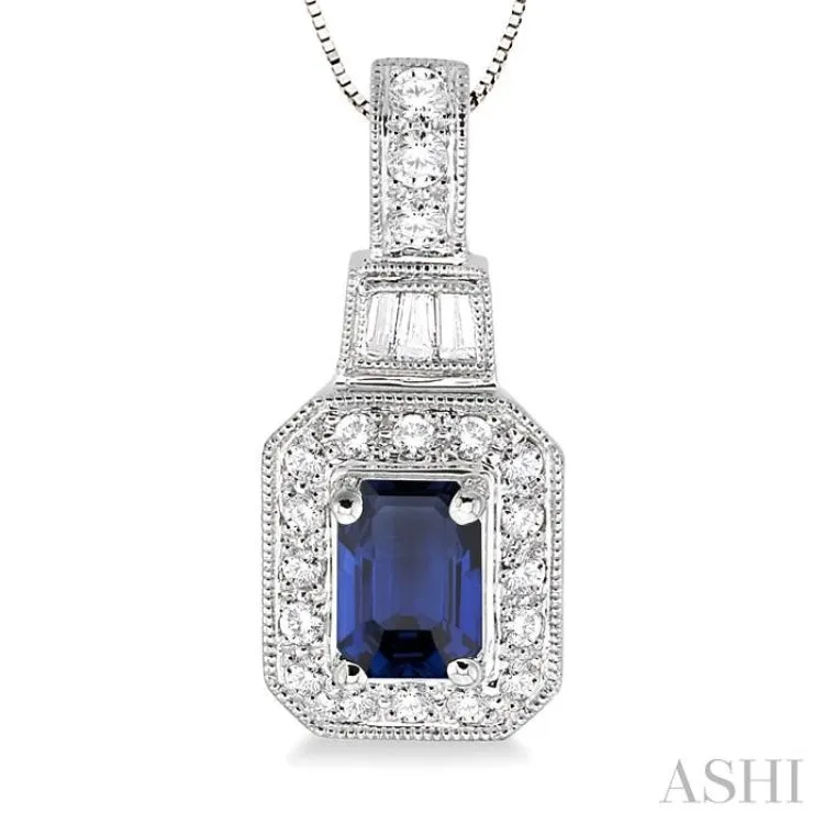 6x4 MM Emerald Shape Sapphire and 1/4 Ctw Round and Baguette Cut Diamond Pendant in 14K White Gold with Chain