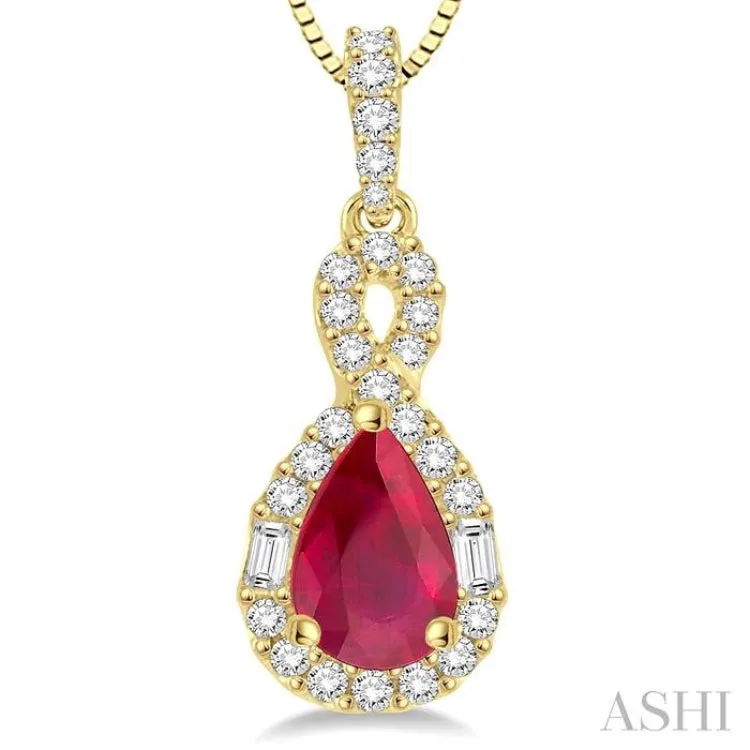 7x5 MM Pear Shape Ruby and 1/3 Ctw Diamond Pendant in 14K Yellow Gold with Chain