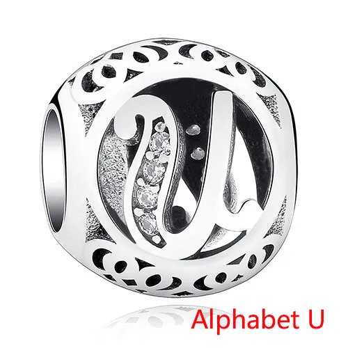 925 Sterling Silver Jewelry Crystal Alphabet A-Z Letter Charms Beads Fit Original Pandora Bracelet Necklace DIY Jewelry Making