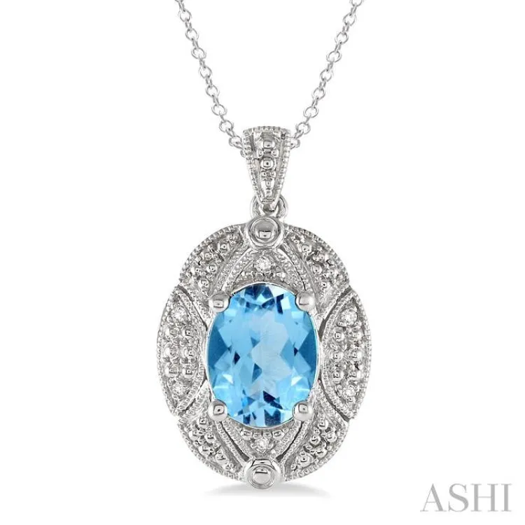 9x7  MM Oval Cut Blue Topaz and 1/50 ctw Single Cut Diamond Pendant in Sterling Silver with Chain