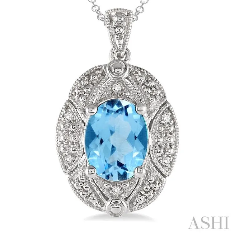 9x7  MM Oval Cut Blue Topaz and 1/50 ctw Single Cut Diamond Pendant in Sterling Silver with Chain