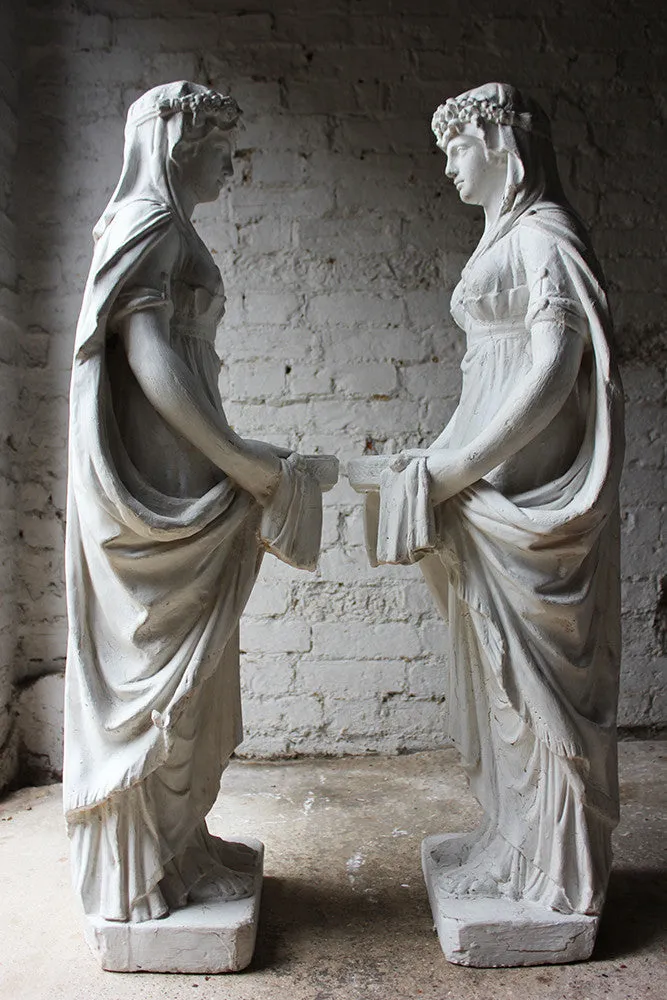 A Large Pair of Neoclassical Plaster Figural Standing Maidens; Removed from The Savoy Hotel, By Repute c.1930-50