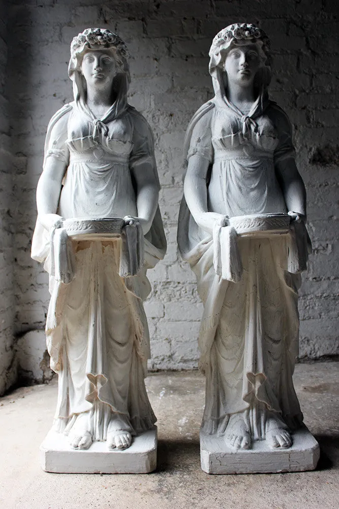 A Large Pair of Neoclassical Plaster Figural Standing Maidens; Removed from The Savoy Hotel, By Repute c.1930-50