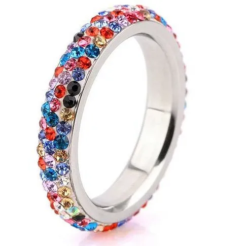 A Rainbow Multicolor Rhinestone Stainless Steel Ring