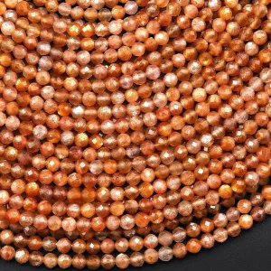 AAA Faceted Natural Golden Orange Brown Sunstone Round Beads 3mm Gemstone 15.5" Strand