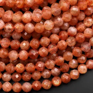 AAA Faceted Natural Sunstone Round Beads 4mm 6mm Fiery Orange Gemstone 15.5" Strand