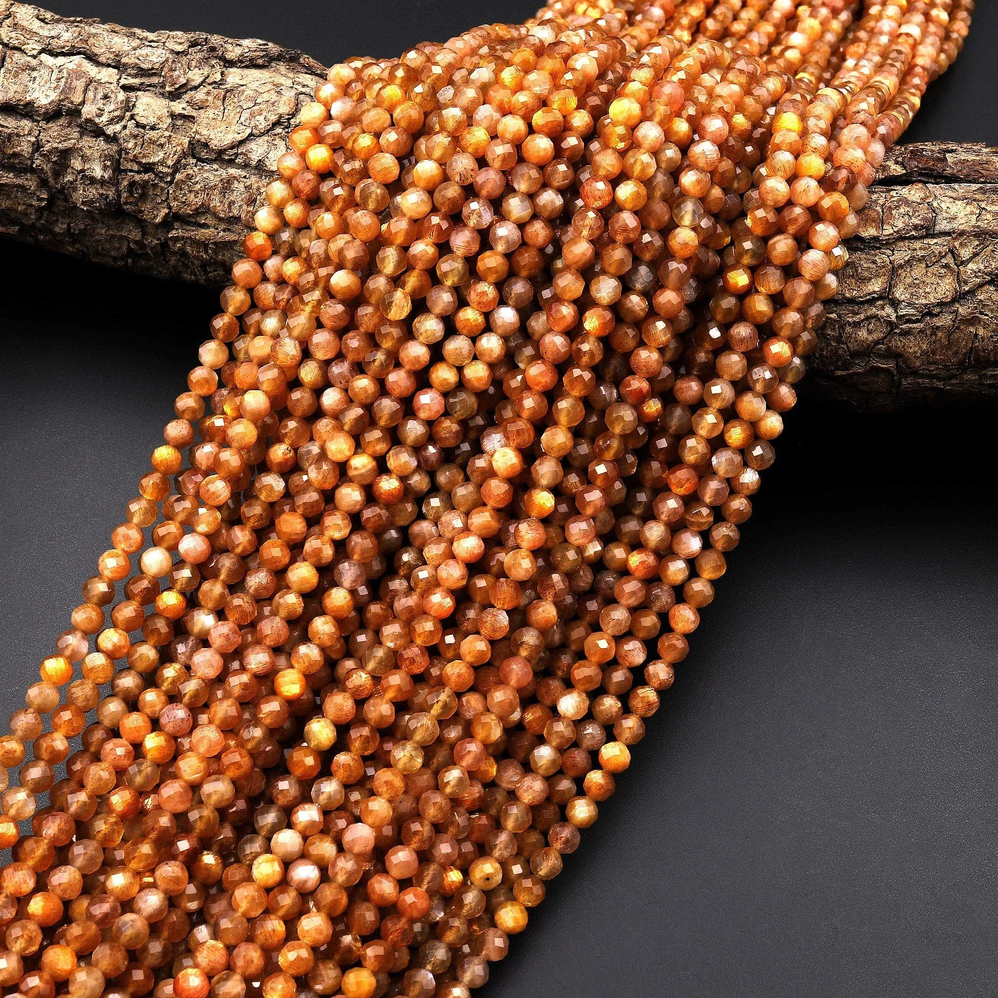 AAA Faceted Natural Sunstone Round Beads 4mm Fiery Orange Brown Gemstone 15.5" Strand