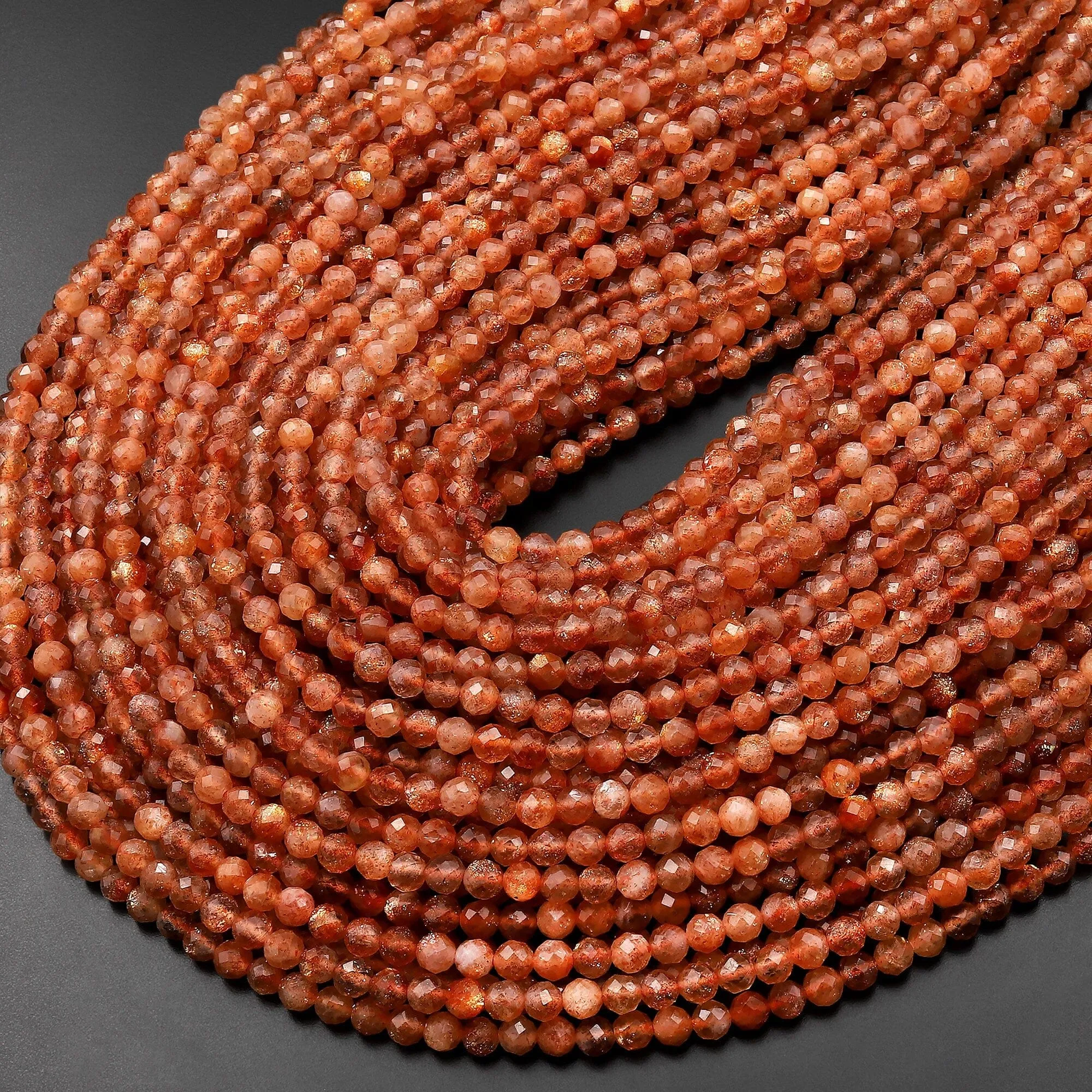 AAA Faceted Natural Sunstone Round Beads 4mm Orange Gold Gemstone 15.5" Strand