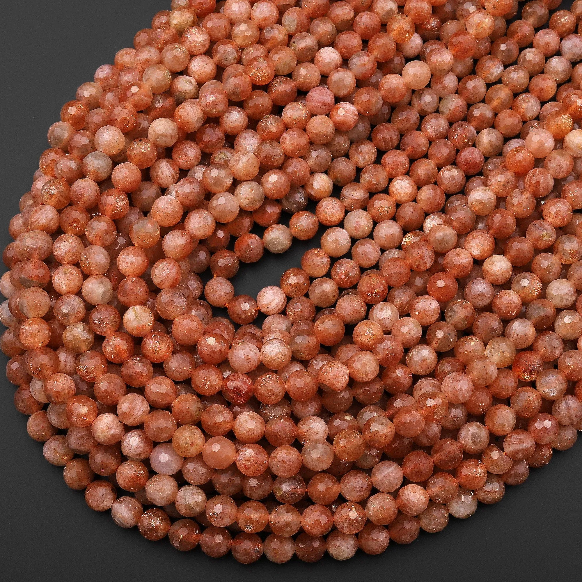 AAA Faceted Natural Sunstone Round Beads 5mm 6mm Orange Gold Gemstone 15.5" Strand