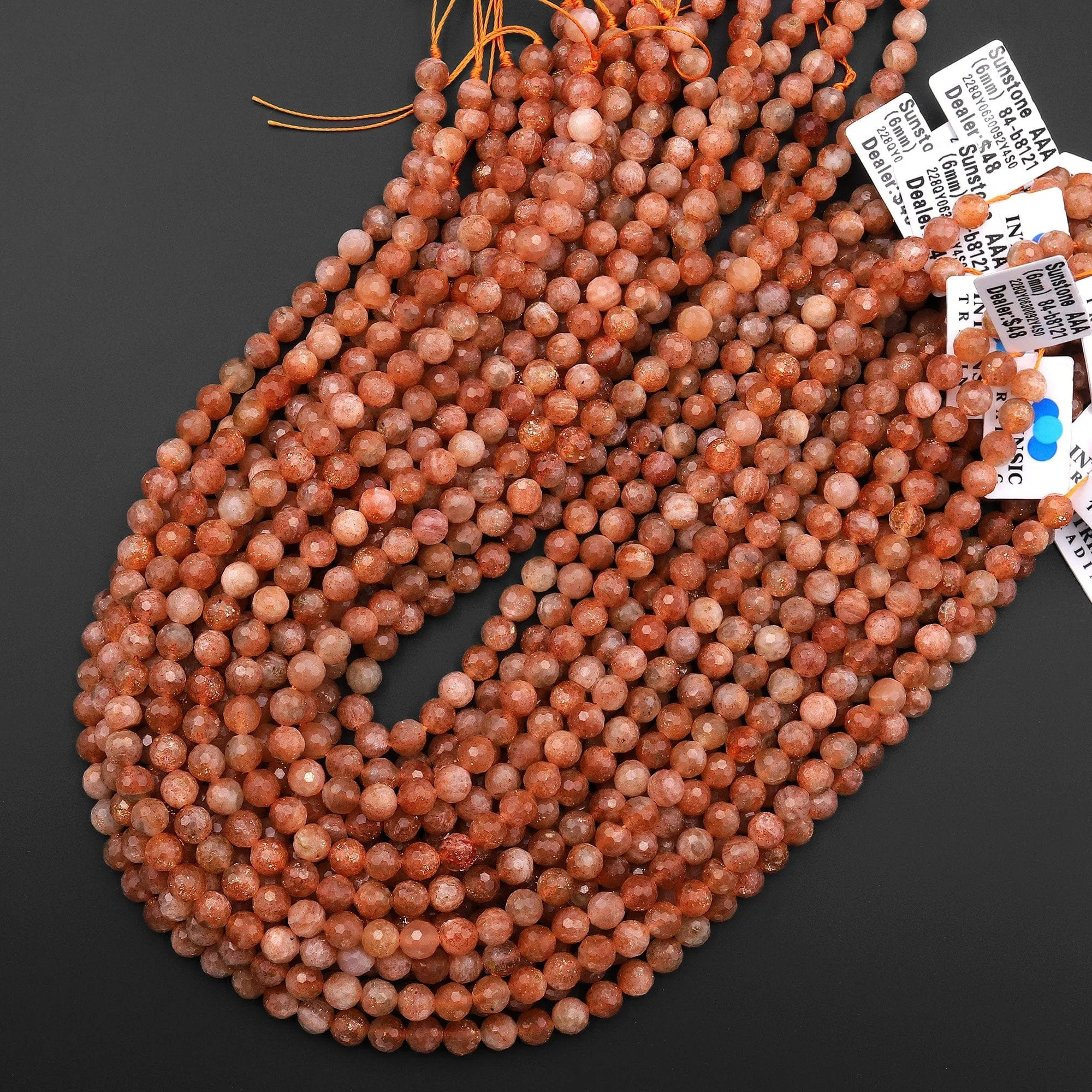 AAA Faceted Natural Sunstone Round Beads 5mm 6mm Orange Gold Gemstone 15.5" Strand