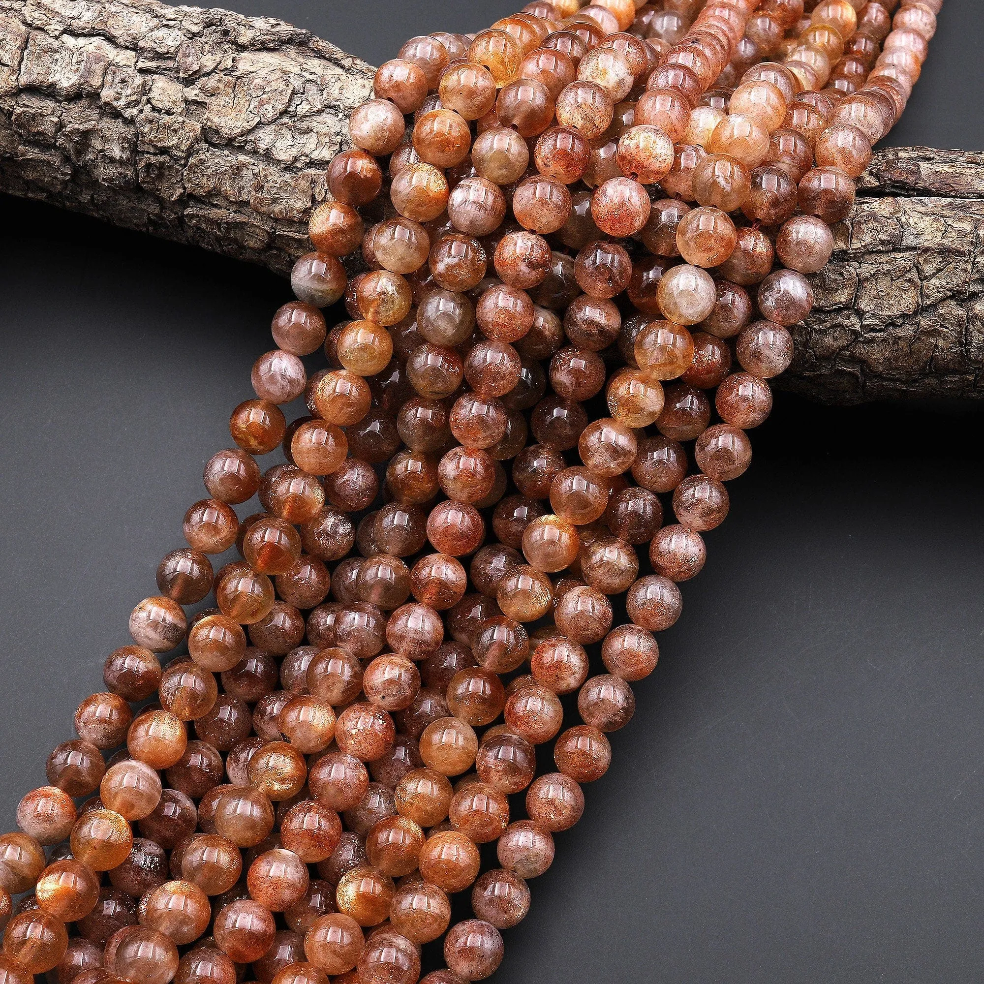 AAA Fiery Natural Sunstone Round Beads 6mm 7mm 8mm 14mm Feldspar Golden Glitters Orange Gemstone 15.5" Strand