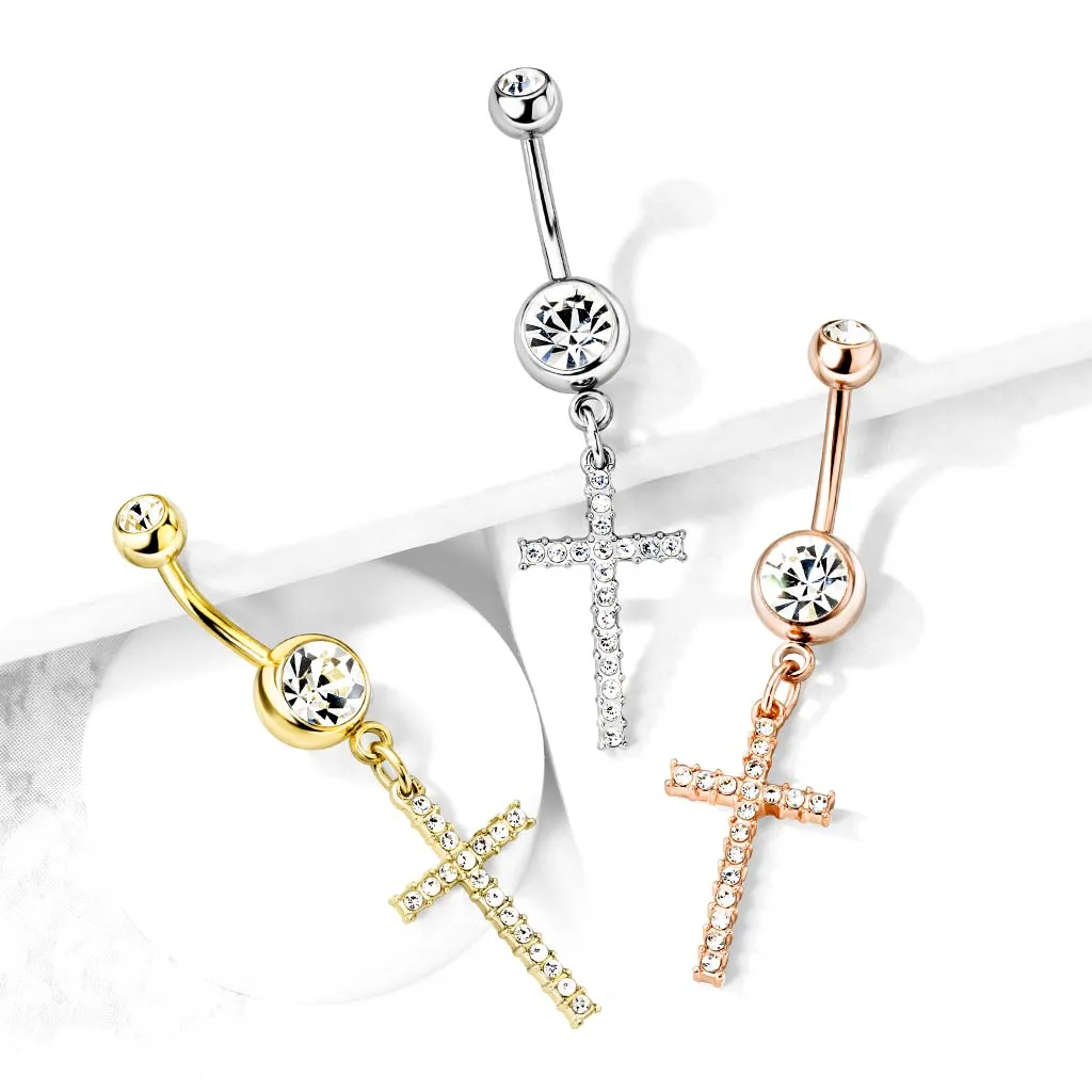 Adriel's Glittering Cross Belly Ring with Rose Gold Plating