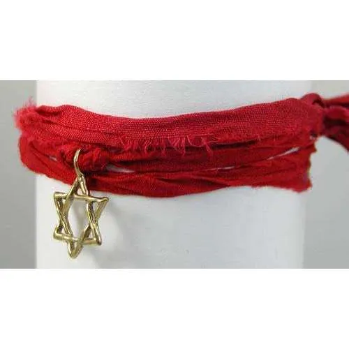 Amery Carriere Red Sari Wrap Bracelet with Brass Star of David Charm