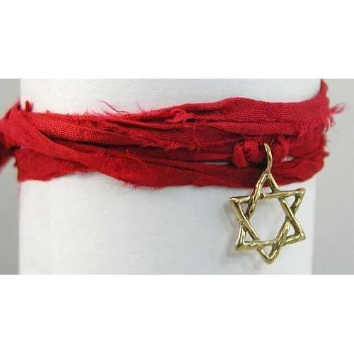 Amery Carriere Red Sari Wrap Bracelet with Brass Star of David Charm