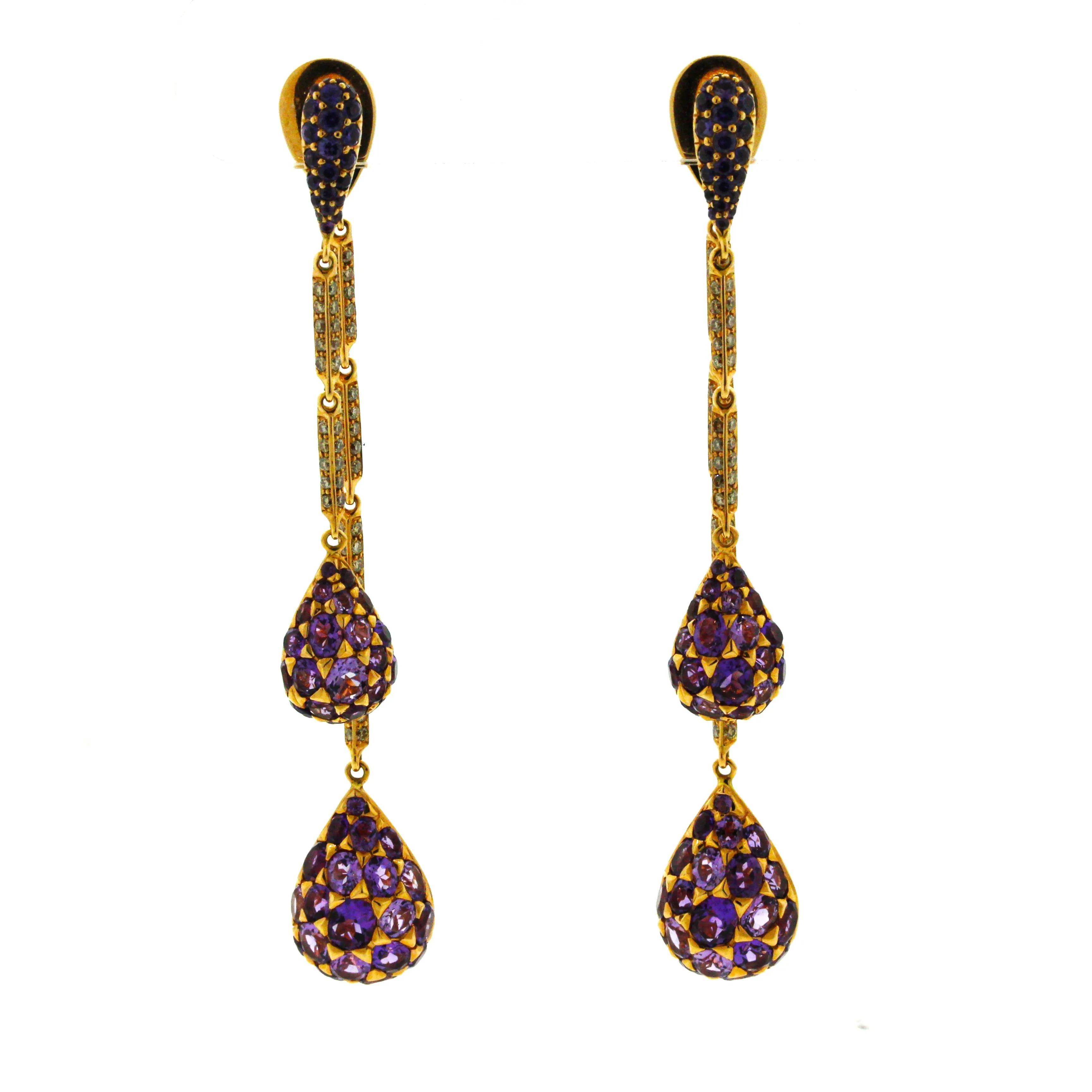 Amethyst Diamond Sapphire Gold Drop Dangle Earrings