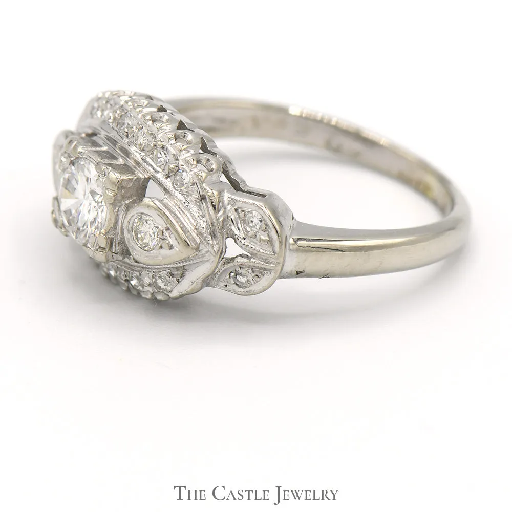 Antique Style Diamond Solitaire Ring with Accents in 14k White Gold Leaf Designed Setting