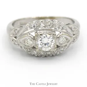 Antique Style Diamond Solitaire Ring with Accents in 14k White Gold Leaf Designed Setting