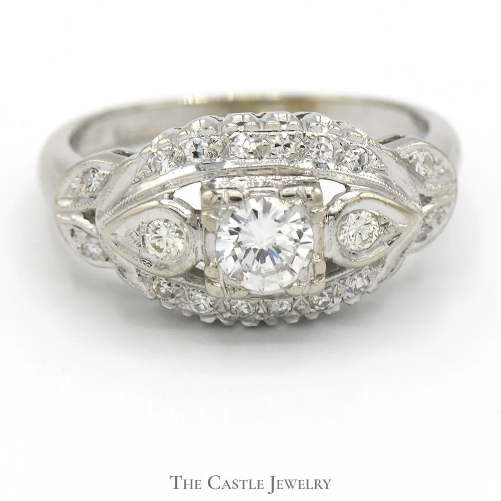 Antique Style Diamond Solitaire Ring with Accents in 14k White Gold Leaf Designed Setting