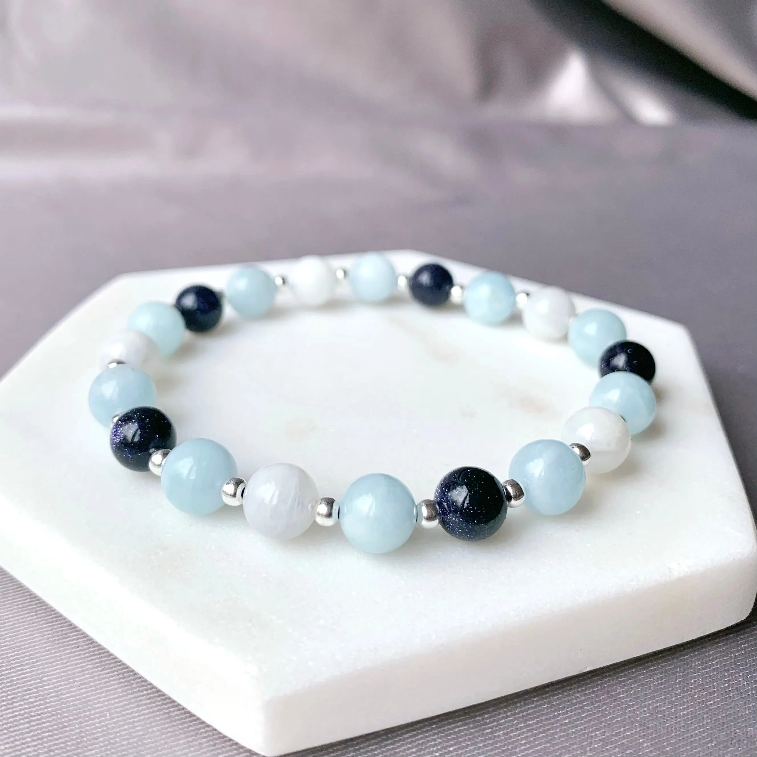 Aquamarine, Moonstone & Blue Sandstone Silver Bracelet