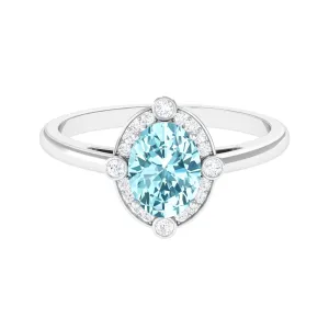 Aquamarine Oval Halo Engagement Ring with Diamond