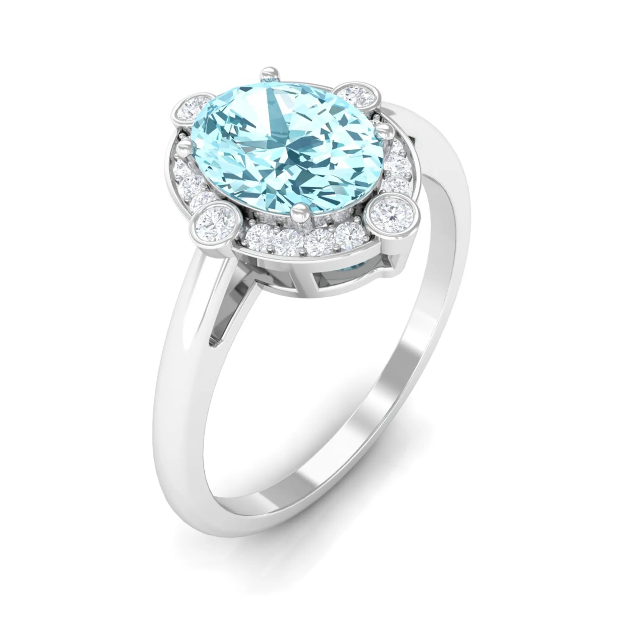 Aquamarine Oval Halo Engagement Ring with Diamond