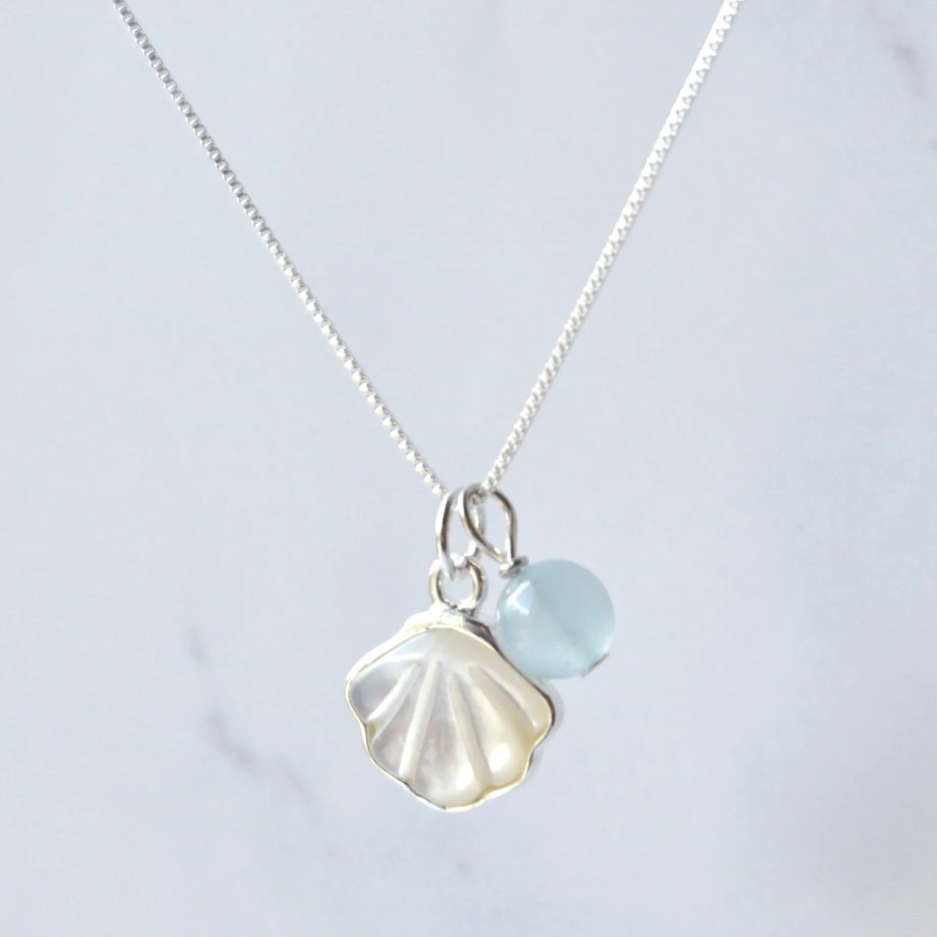 Aquamarine Seashell 925 Silver Pendant Necklace