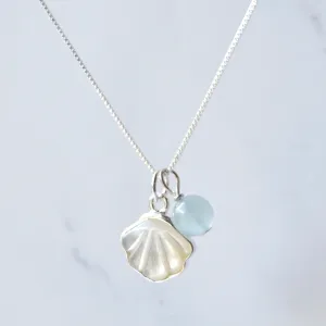 Aquamarine Seashell 925 Silver Pendant Necklace