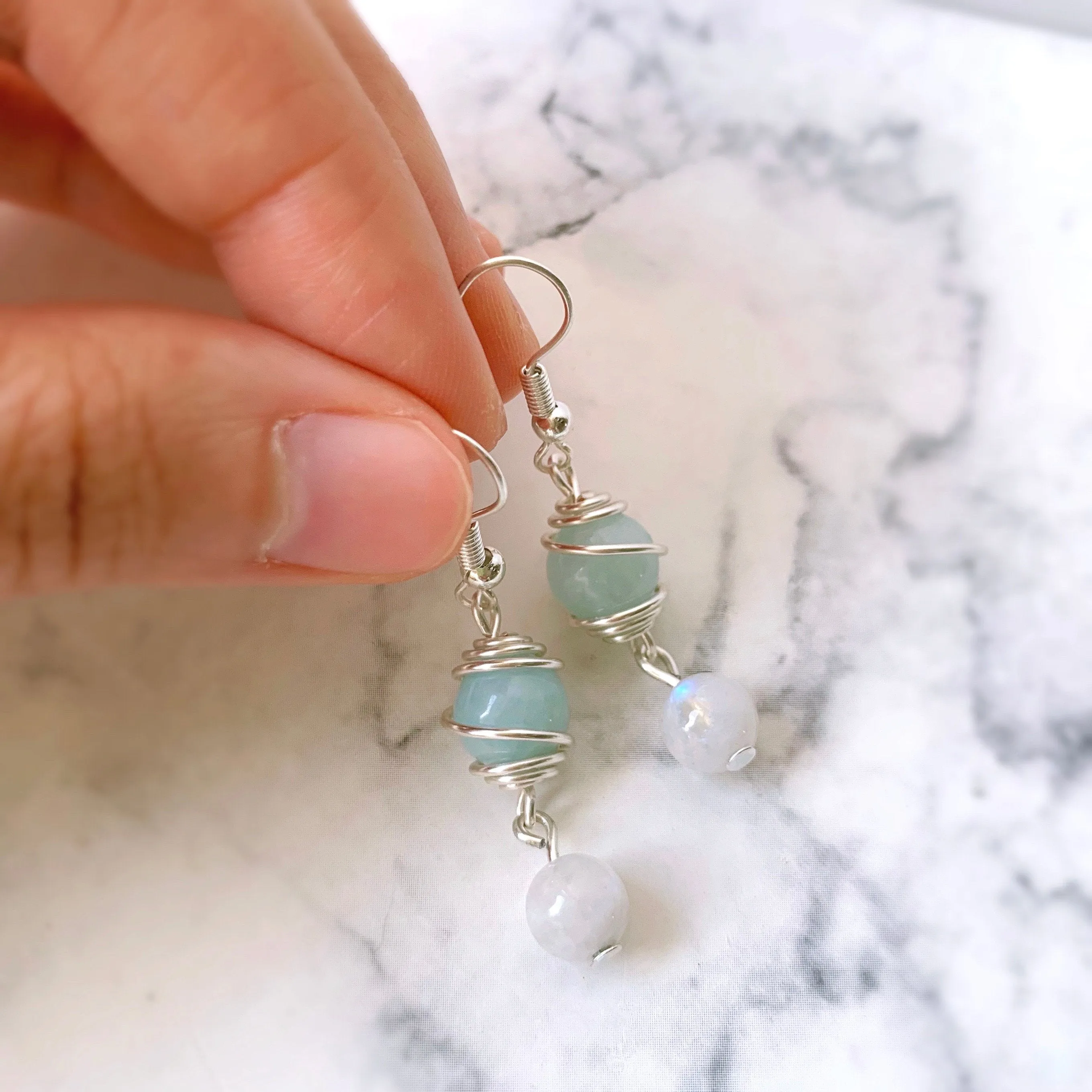 Aquamarine Swirl Moonstone Earrings