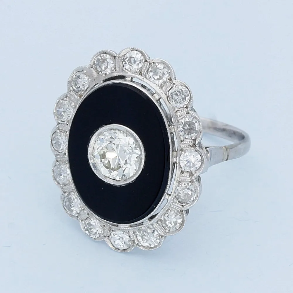 Art Deco Inspired Old Cut Diamond and Onyx Cluster Ring