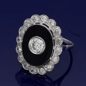 Art Deco Inspired Old Cut Diamond and Onyx Cluster Ring